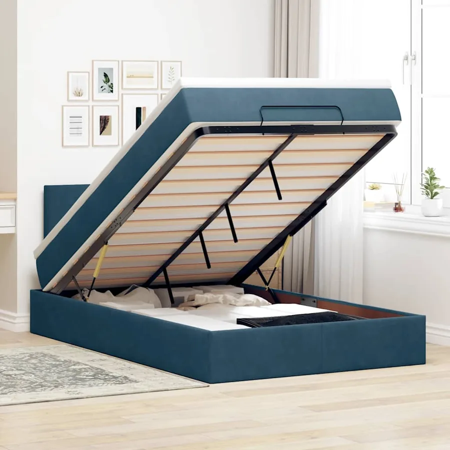 Cadre de lit ottoman avec matelas bleu foncé 120x200 cm velours