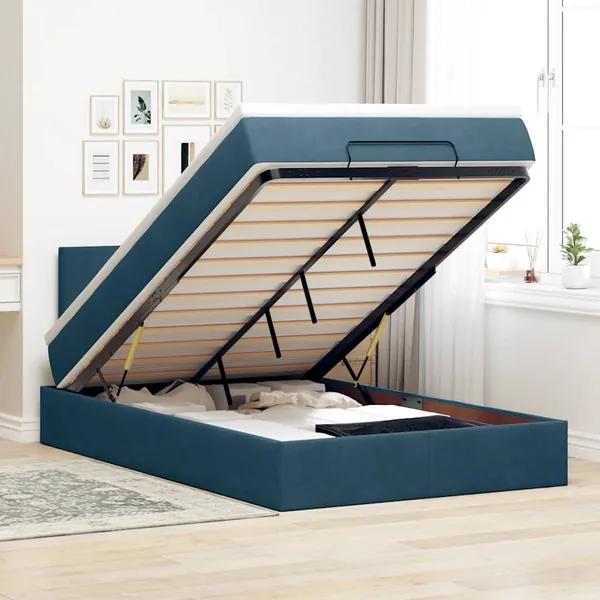 Cadre de lit ottoman avec matelas bleu foncé 120x200 cm velours