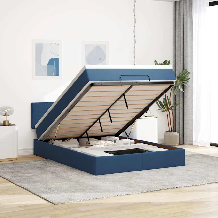 Cadre de lit ottoman avec matelas bleu 140x200 cm tissu