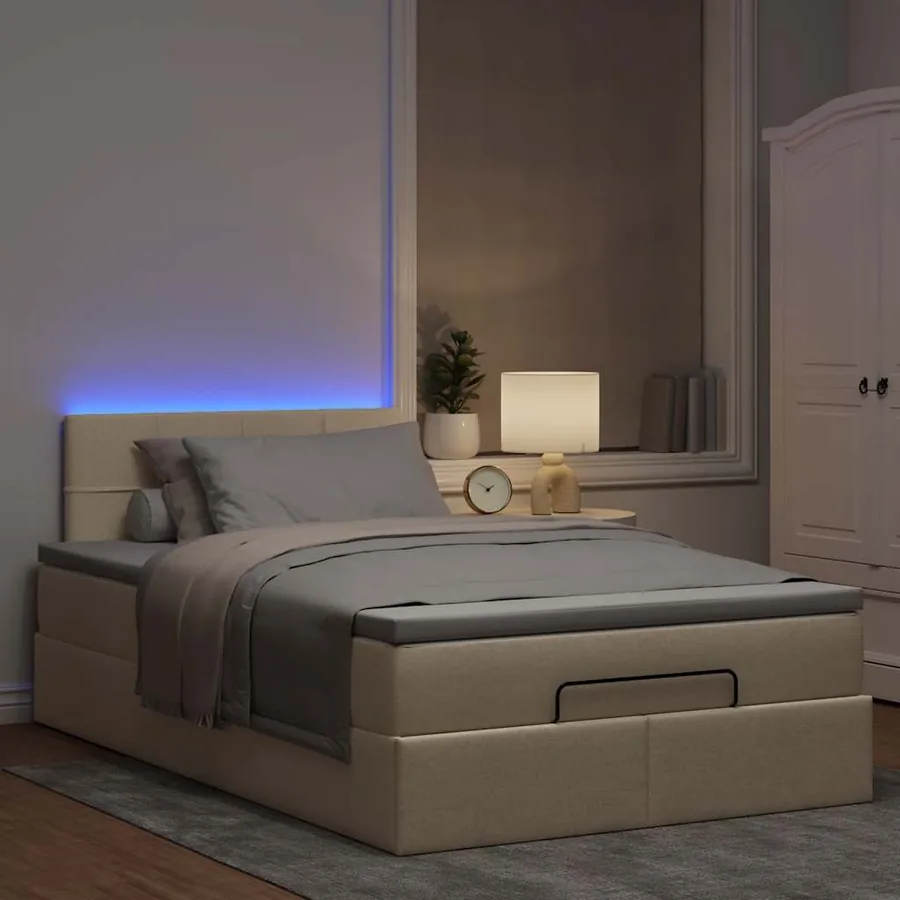 Lit ottoman avec matelas et LED crème 120x190 cm tissu - 3