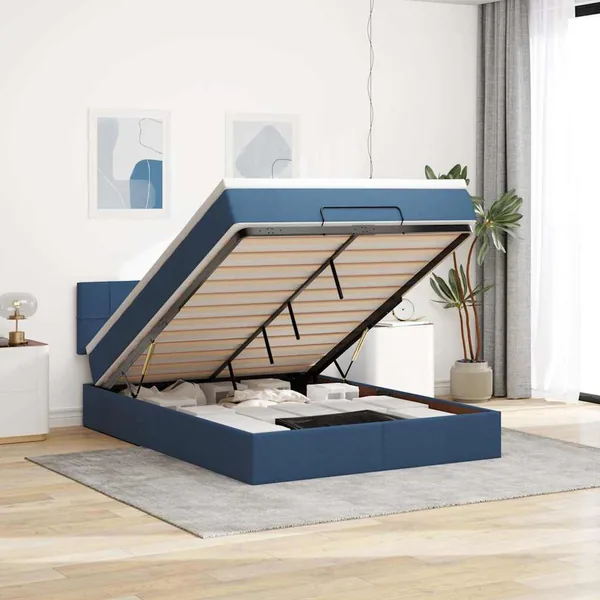Cadre de lit ottoman avec matelas bleu 140x200 cm tissu