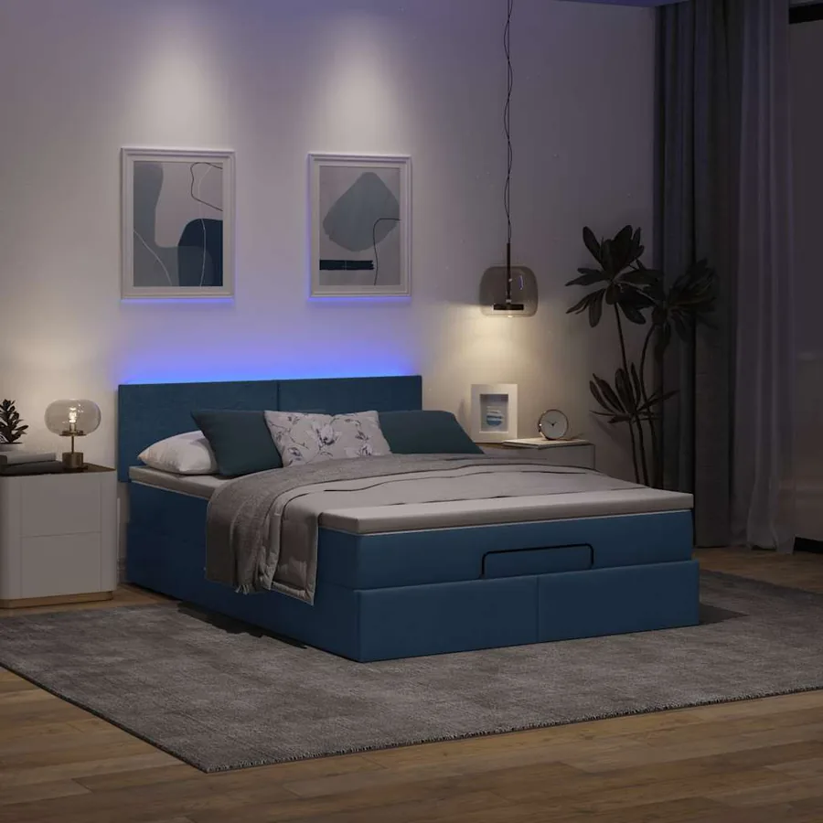Cadre de lit ottoman avec matelas bleu 140x200 cm tissu - 3