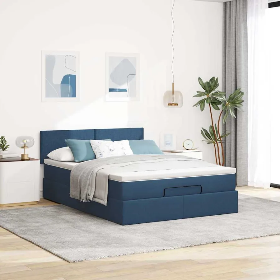 Cadre de lit ottoman avec matelas bleu 140x200 cm tissu - 4