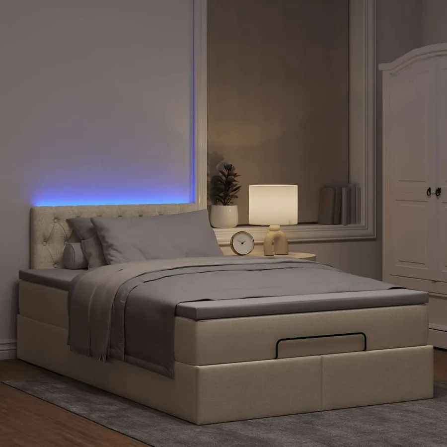 Lit ottoman avec matelas et LED crème 120x190 cm tissu - 3