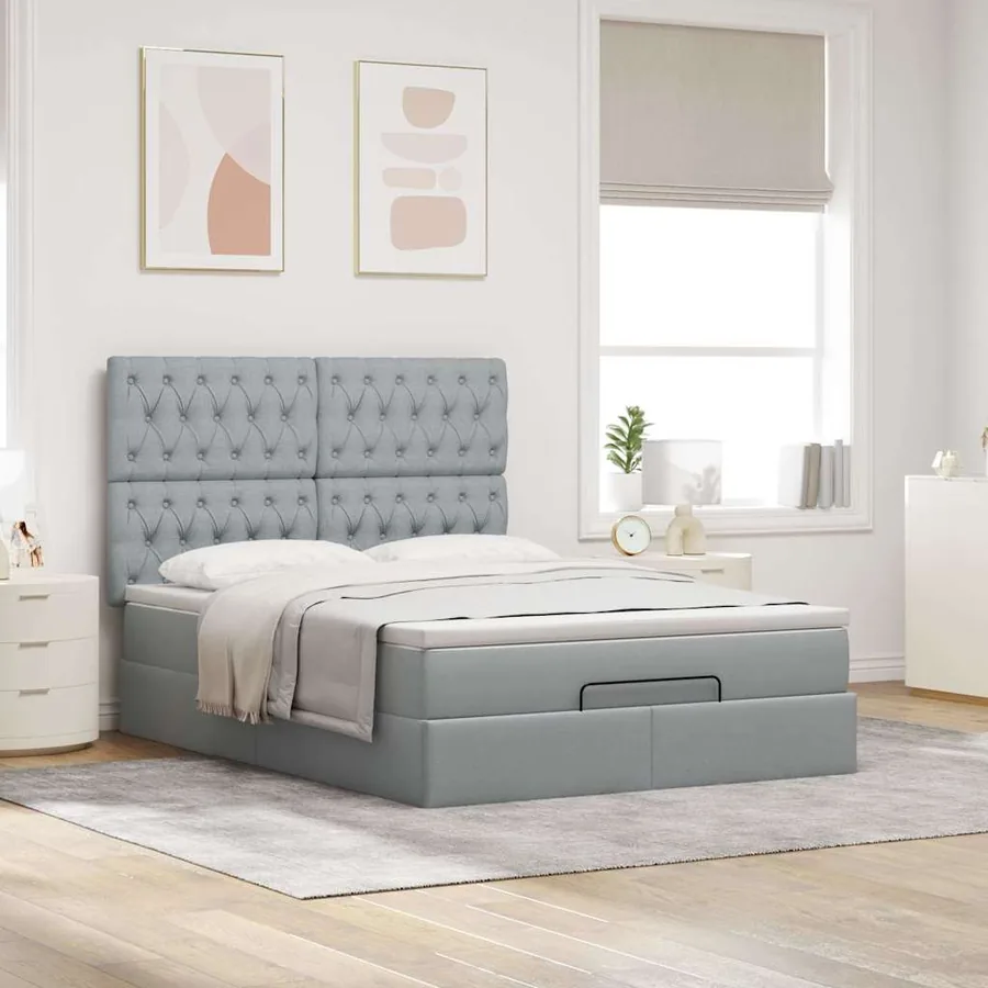 Cadre de lit ottoman et matelas gris clair 140x200 cm tissu - 3