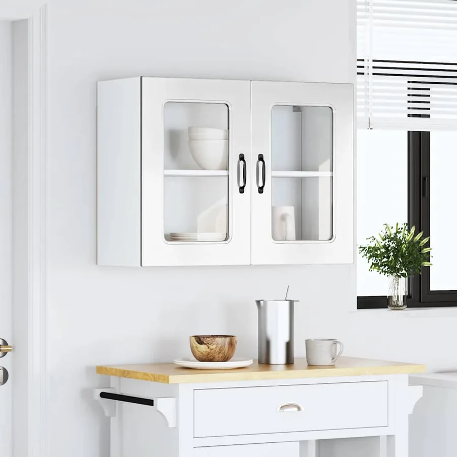 Armoire murale de cuisine avec porte vitrée "Kalmar" Bois d'ingénierie blanc brillant