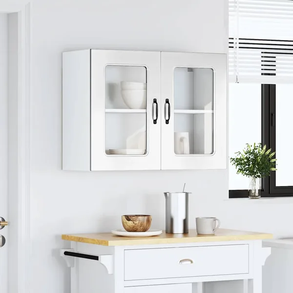 Armoire murale de cuisine avec porte vitrée "Kalmar" Bois d'ingénierie blanc brillant