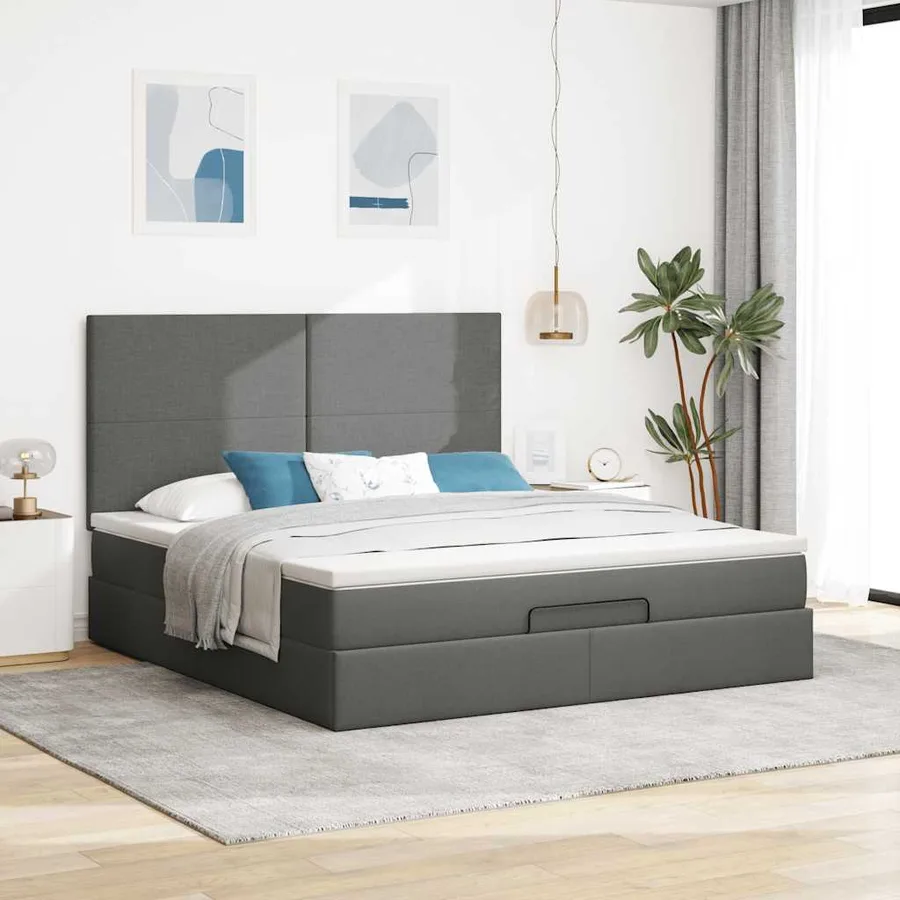 Cadre de lit ottoman avec matelas gris foncé 160x200cm tissu - 4