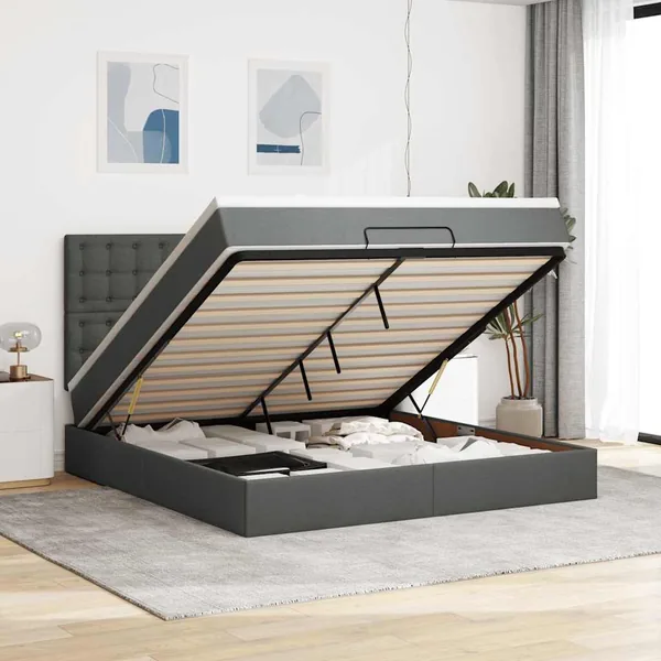 Cadre de lit ottoman avec matelas gris foncé 160x200cm tissu
