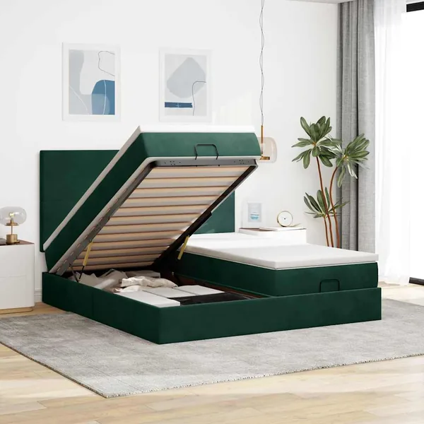 Cadre de lit ottoman avec matelas vert foncé 160x200 cm velours