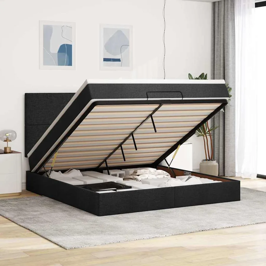 Cadre de lit ottoman avec matelas noir 160x200 cm tissu