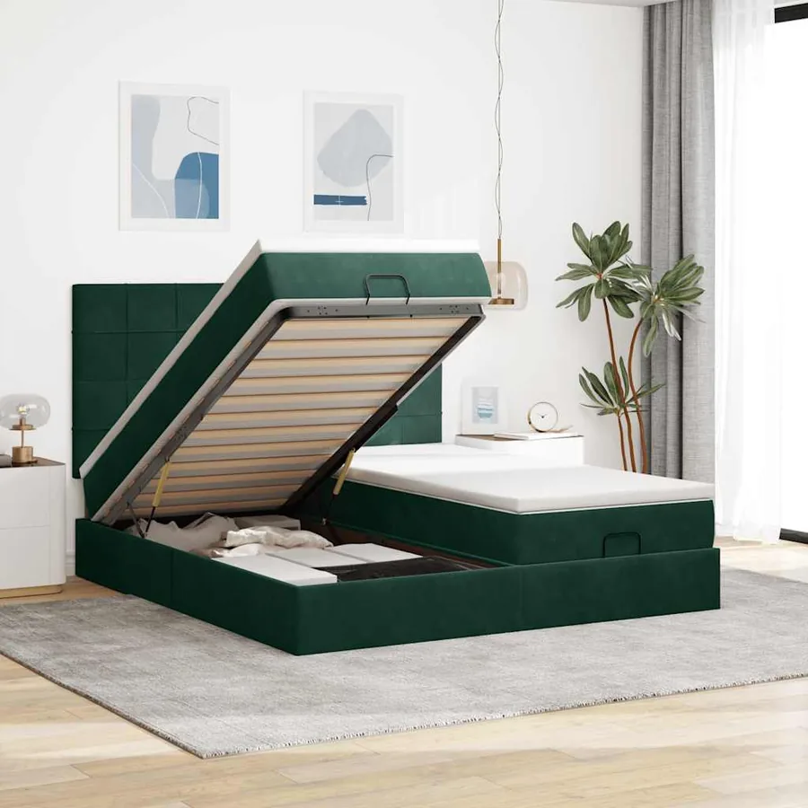 Cadre de lit ottoman avec matelas vert foncé 200x200 cm velours