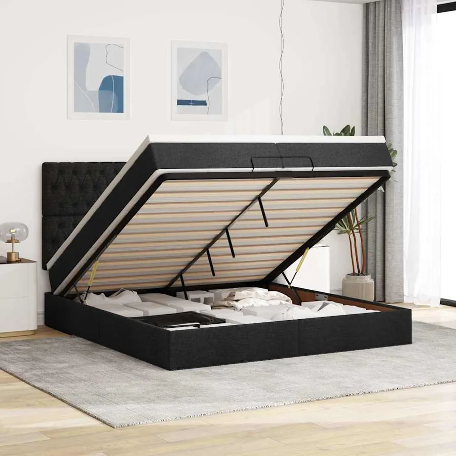 Cadre de lit ottoman avec matelas noir 200x200cm tissu