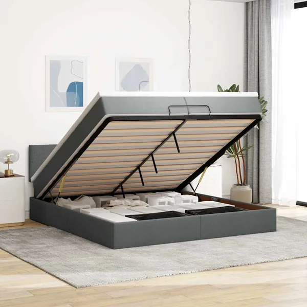 Cadre de lit ottoman avec matelas gris foncé 200x200 cm tissu
