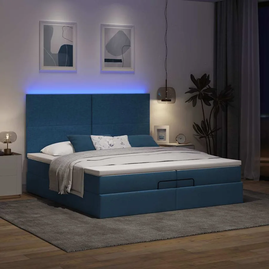 Cadre de lit ottoman avec matelas bleu 200x200cm tissu - 3