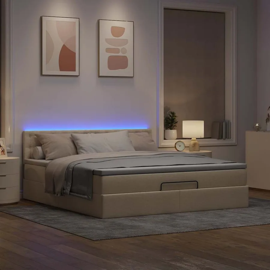 Lit ottoman avec matelas et LED crème 180x200cm tissu - 3