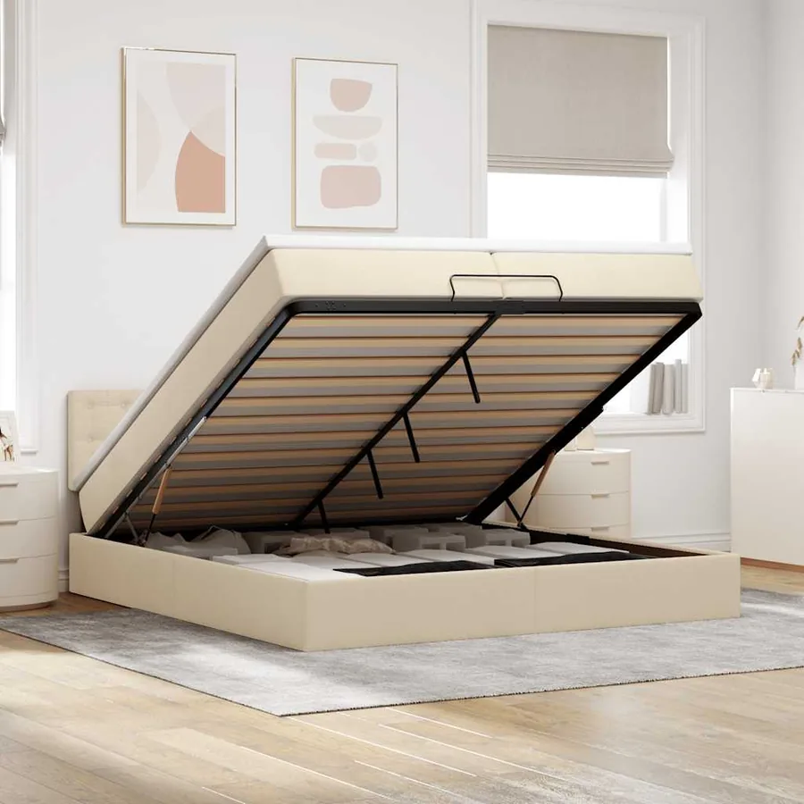 Cadre de lit ottoman avec matelas crème 200x200cm tissu
