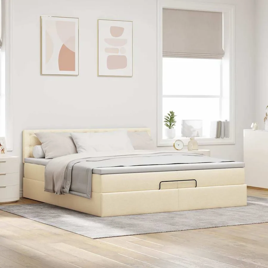 Cadre de lit ottoman avec matelas crème 200x200cm tissu - 4