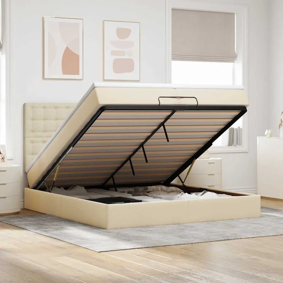 Cadre de lit ottoman avec matelas crème 200x200cm tissu