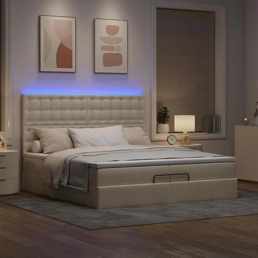 Cadre de lit ottoman avec matelas crème 200x200cm tissu - 3