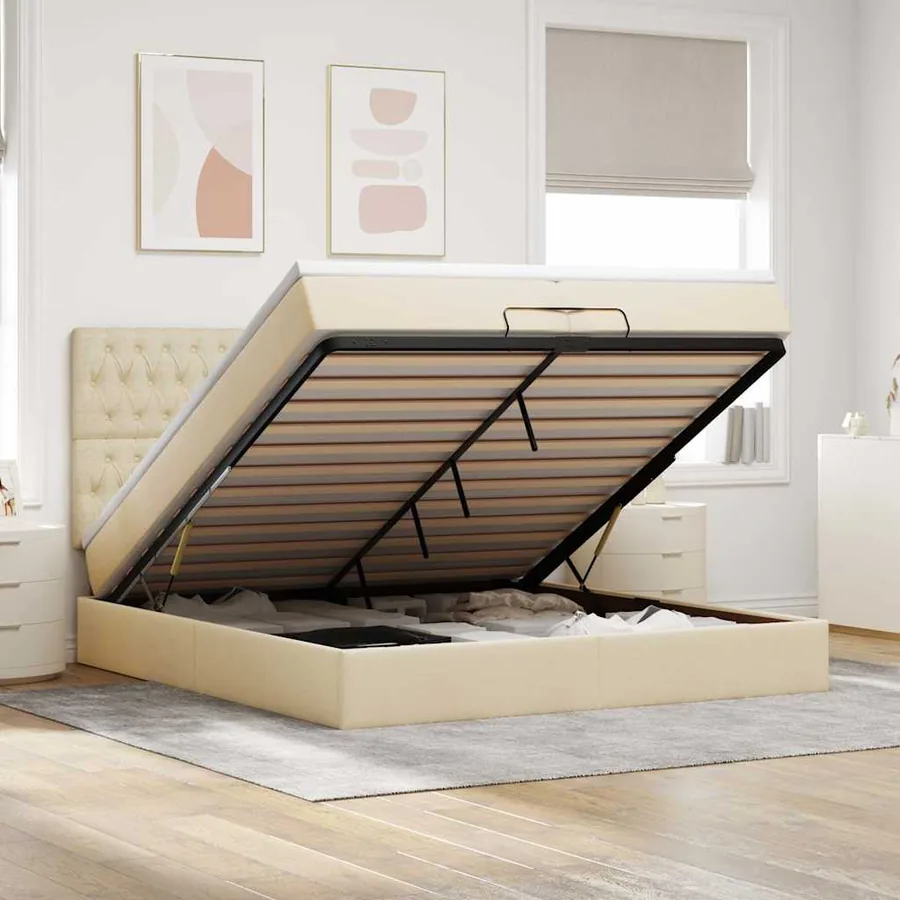 Cadre de lit ottoman avec matelas crème 200x200cm tissu