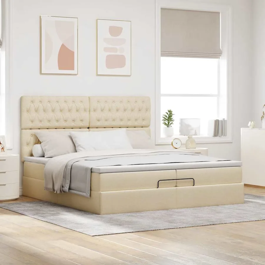 Cadre de lit ottoman avec matelas crème 200x200cm tissu - 4