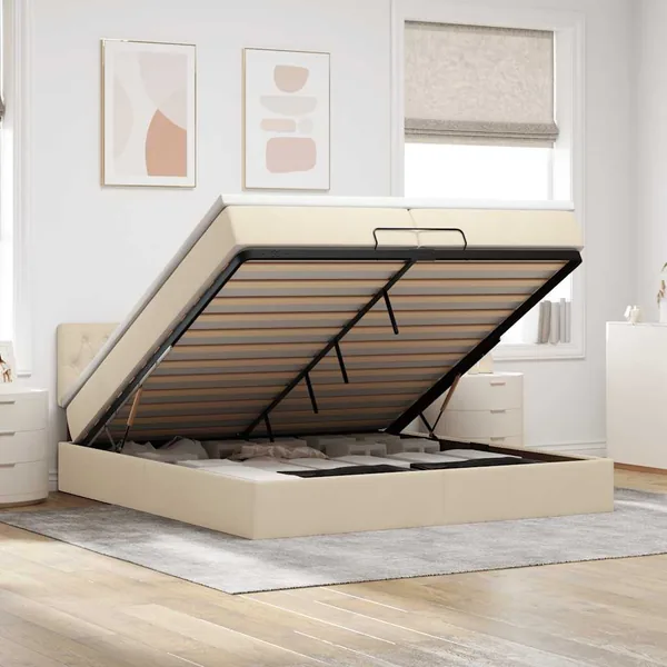 Cadre de lit ottoman avec matelas crème 200x200 cm tissu