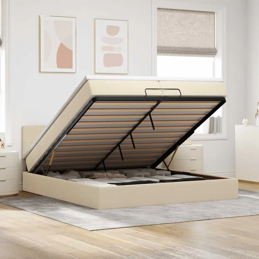 Cadre de lit ottoman avec matelas crème 200x200 cm tissu