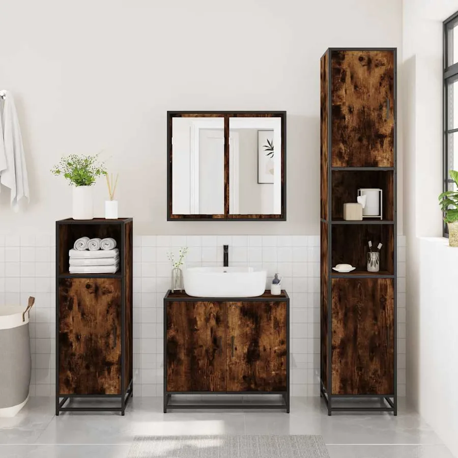 Armoire à miroir de salle de bain chêne fumé bois d’ingénierie - 3