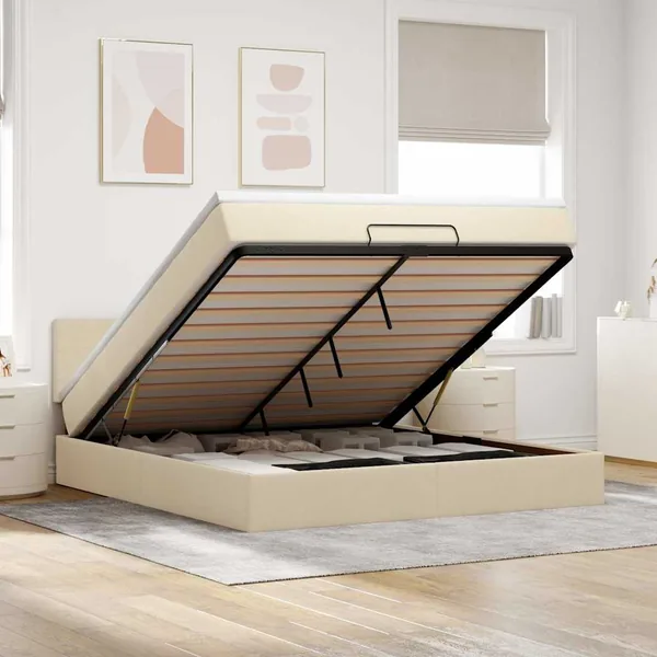 Cadre de lit ottoman avec matelas crème 160x200 cm tissu