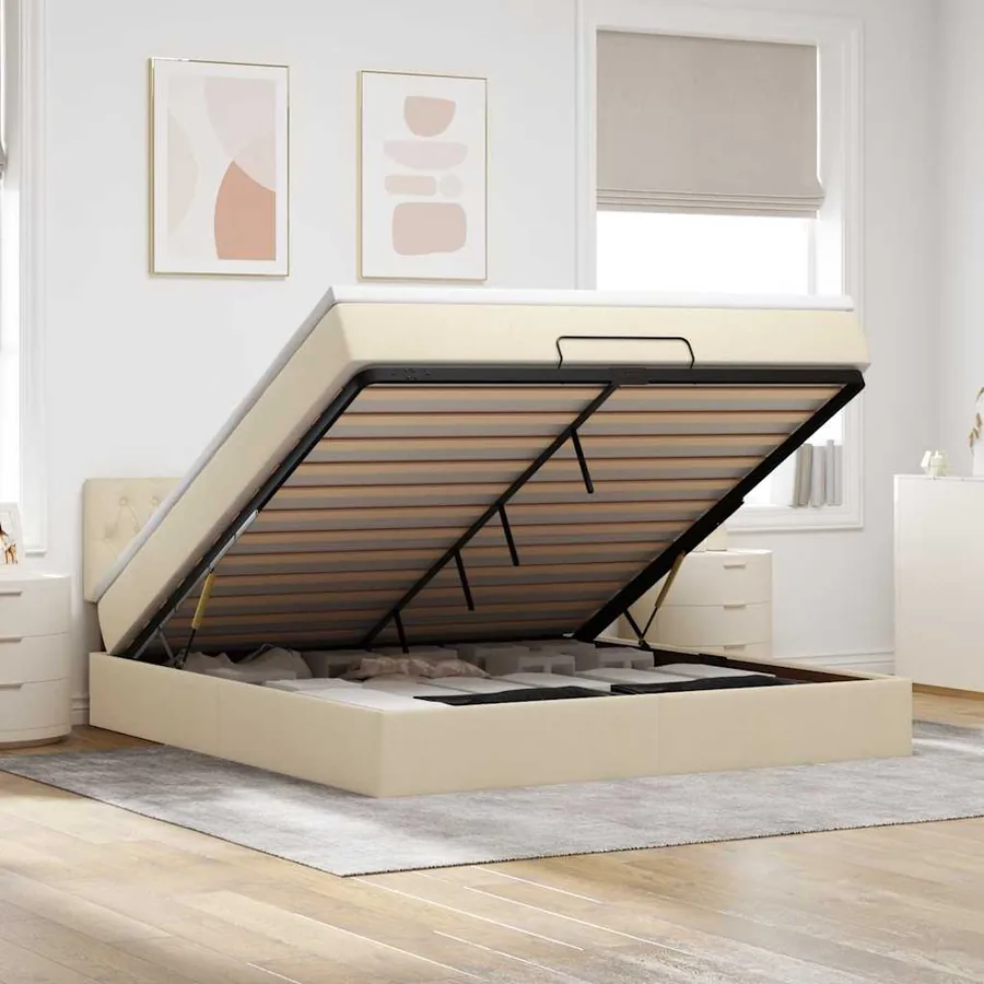 Cadre de lit ottoman avec matelas crème 160x200 cm tissu