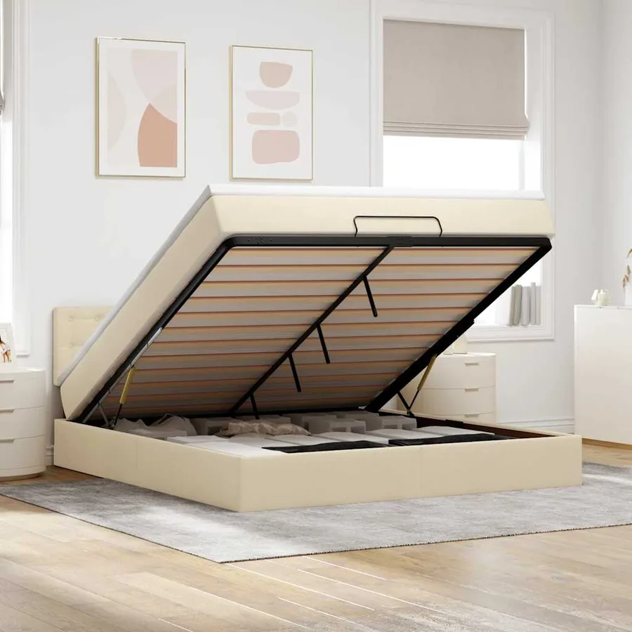 Cadre de lit ottoman avec matelas crème 160x200 cm tissu