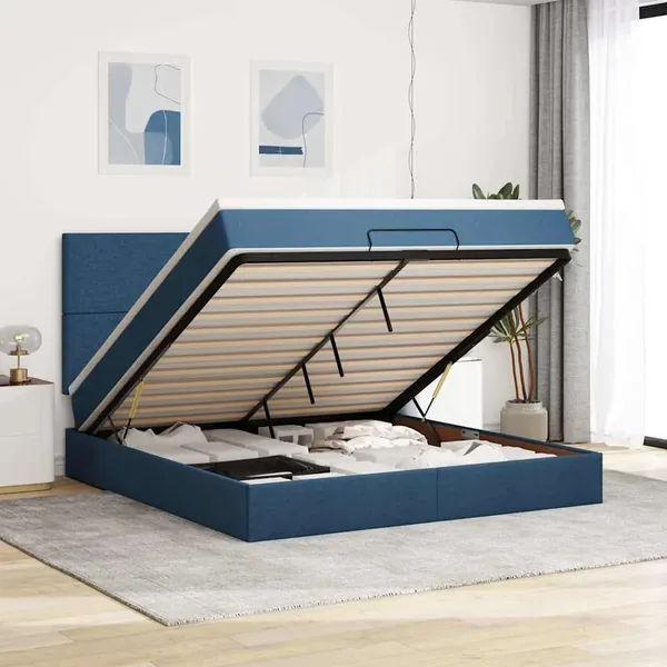Cadre de lit ottoman avec matelas bleu 160x200 cm tissu
