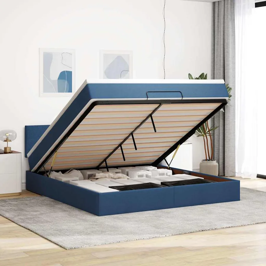 Cadre de lit ottoman avec matelas bleu 160x200 cm tissu
