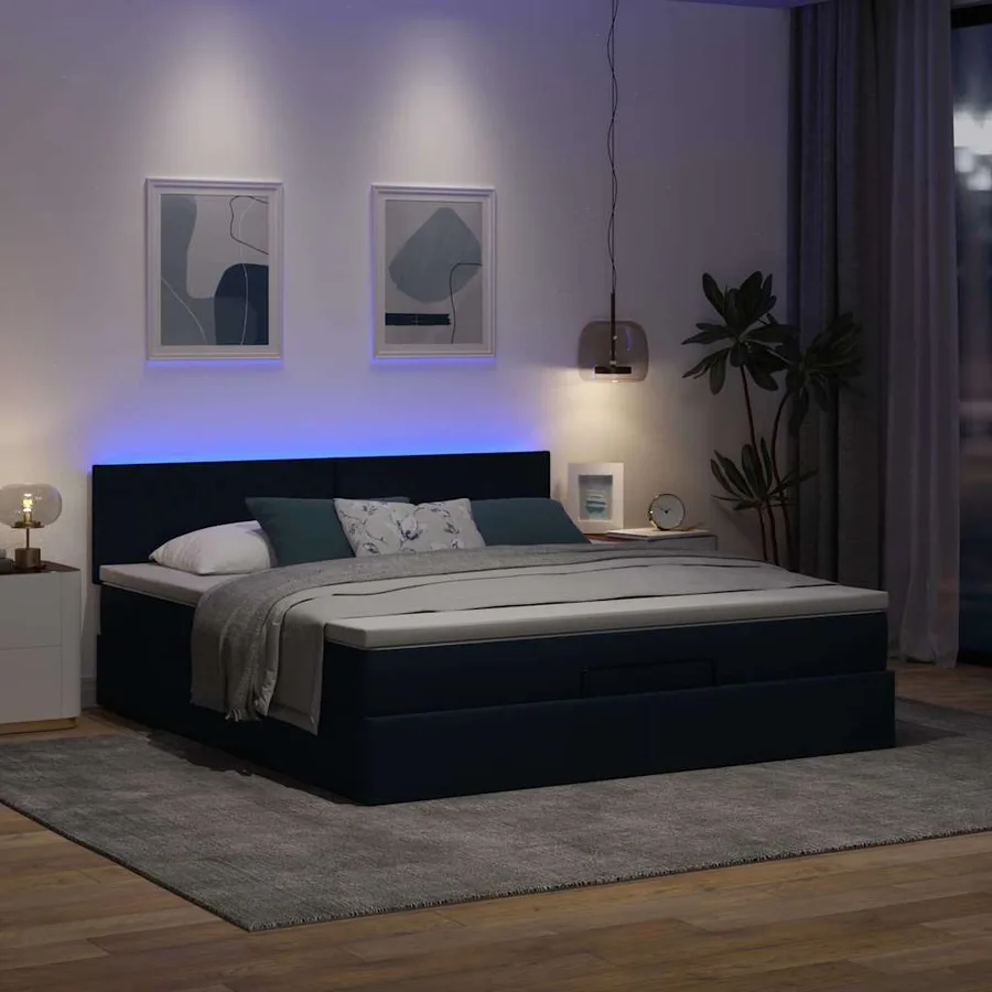 Cadre de lit ottoman avec matelas bleu 160x200 cm tissu - 3