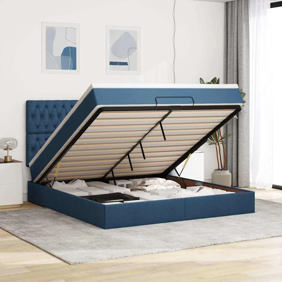 Cadre de lit ottoman avec matelas bleu 160x200 cm tissu