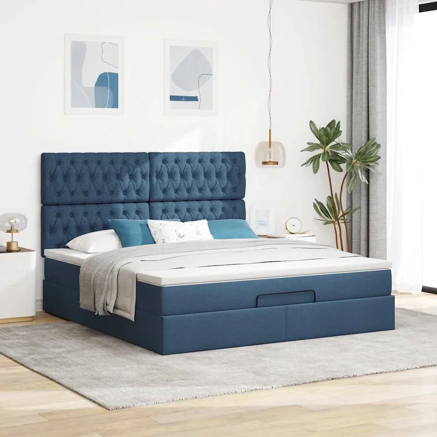 Cadre de lit ottoman avec matelas bleu 160x200 cm tissu - 4