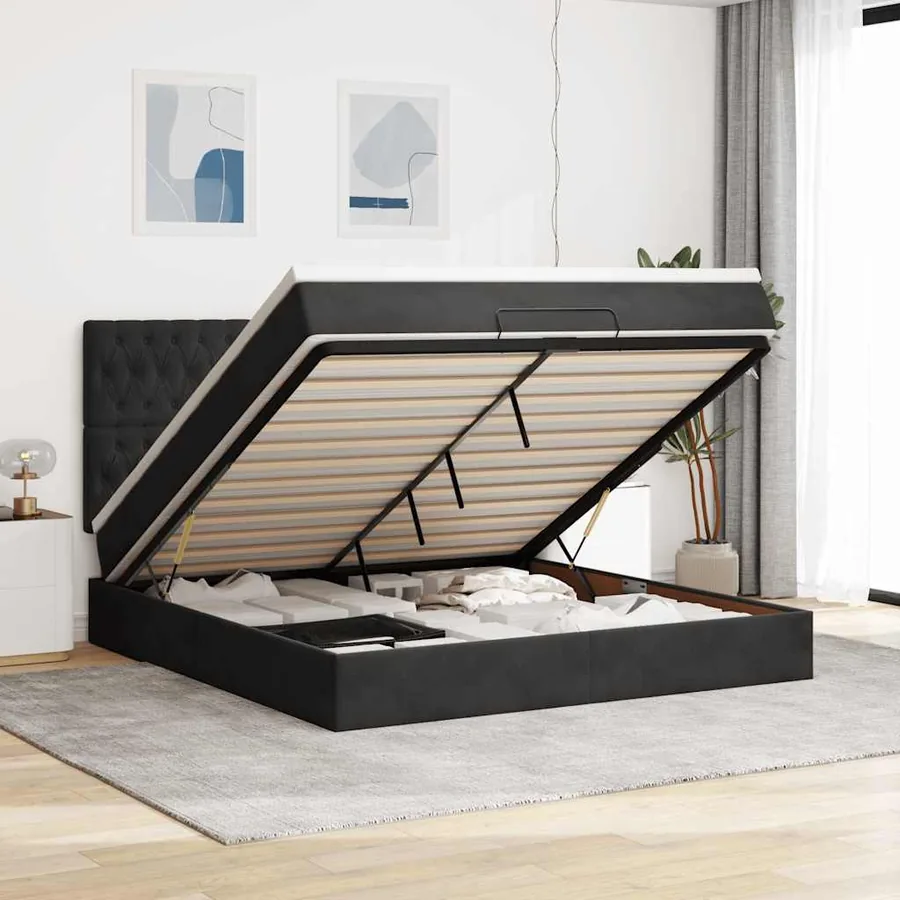 Cadre de lit ottoman avec matelas noir 180x200cm velours