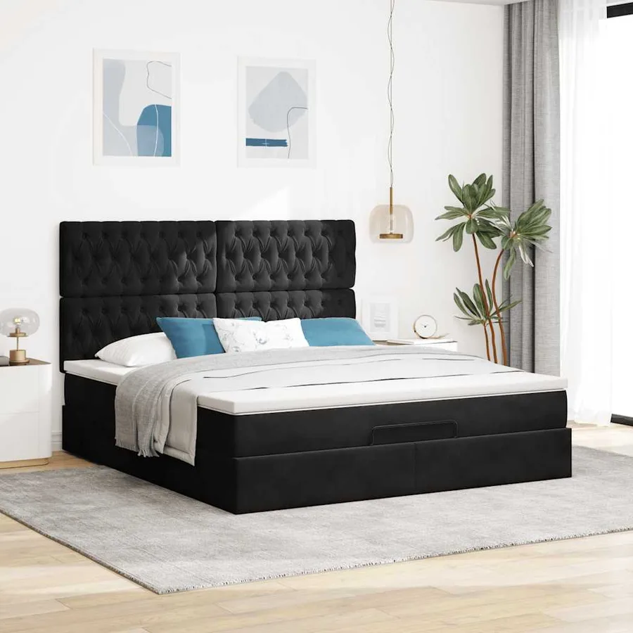 Cadre de lit ottoman avec matelas noir 180x200cm velours - 3