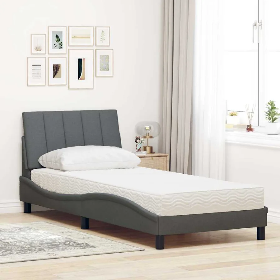 Lit avec matelas Hanko gris foncé 80x200 cm tissu - 3