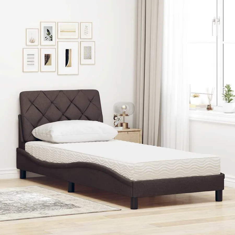 Lit avec matelas marron foncé 90x190 cm tissu - 3