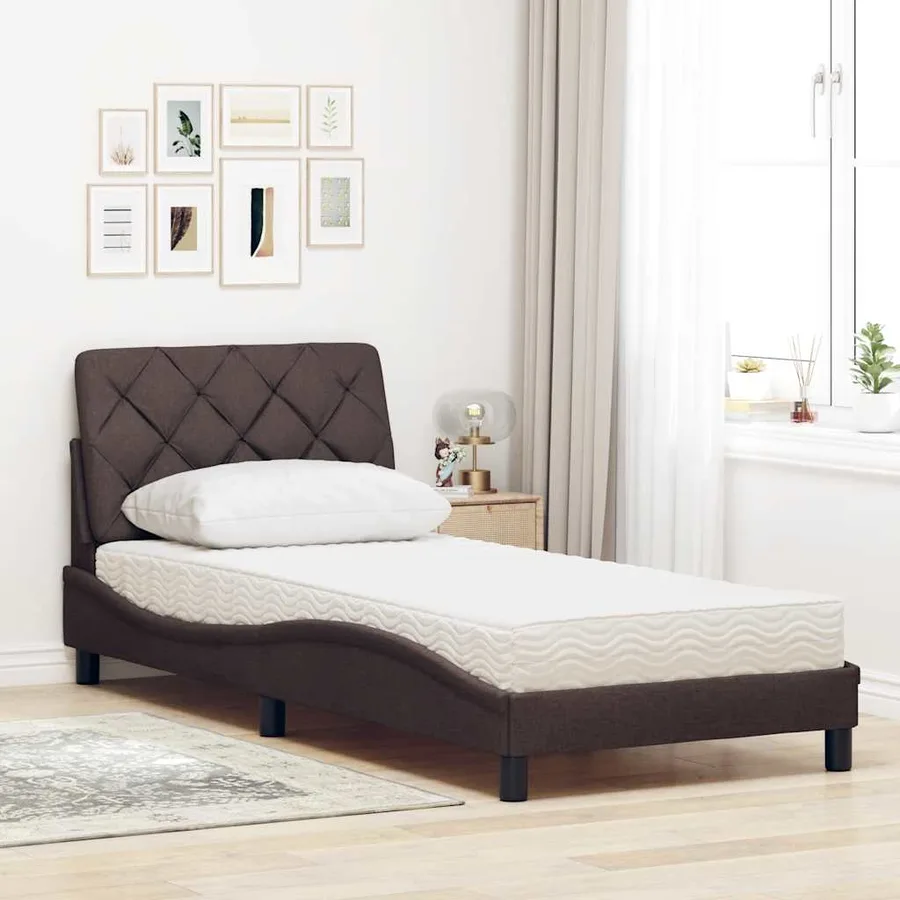 Lit avec matelas marron foncé 90x200 cm tissu - 3