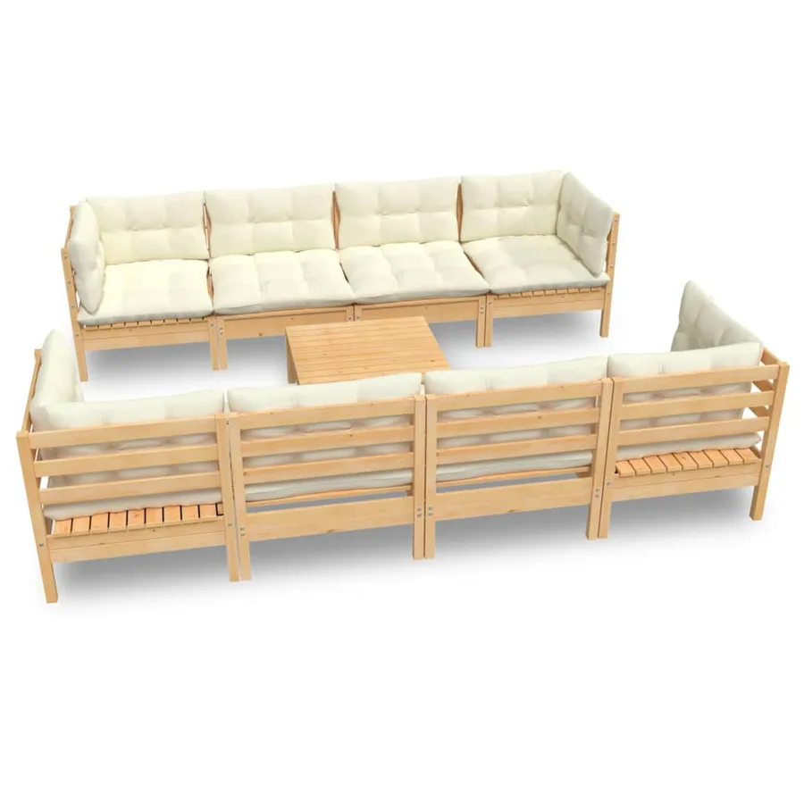 Salon de jardin 9 pcs avec coussins crème bois de pin massif - 2