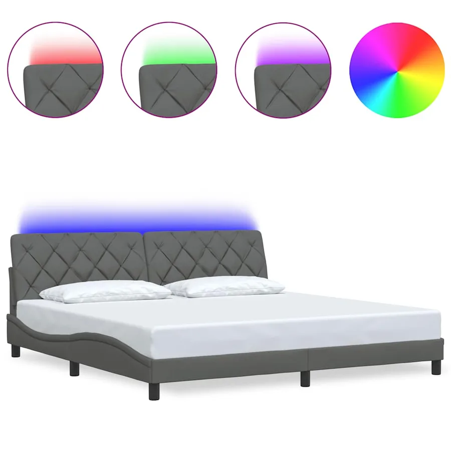 Cadre de lit avec LED sans matelas gris foncé 200x200 cm tissu - 2