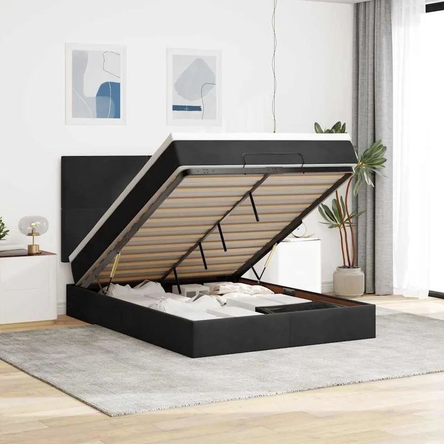 Cadre de lit ottoman avec matelas noir 140x200 cm velours