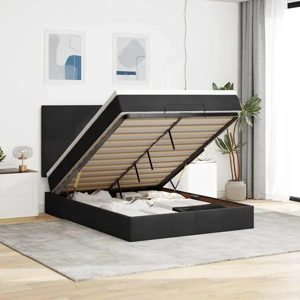 Cadre de lit ottoman avec matelas noir 140x200 cm velours