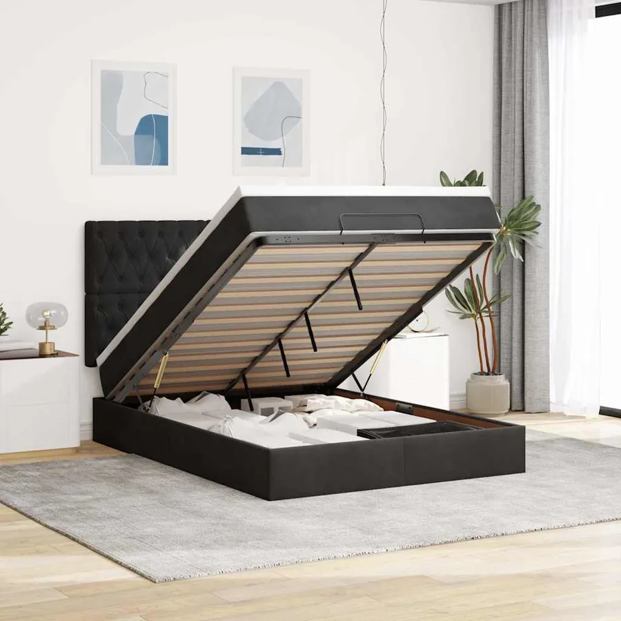Cadre de lit ottoman avec matelas noir 140x200 cm velours