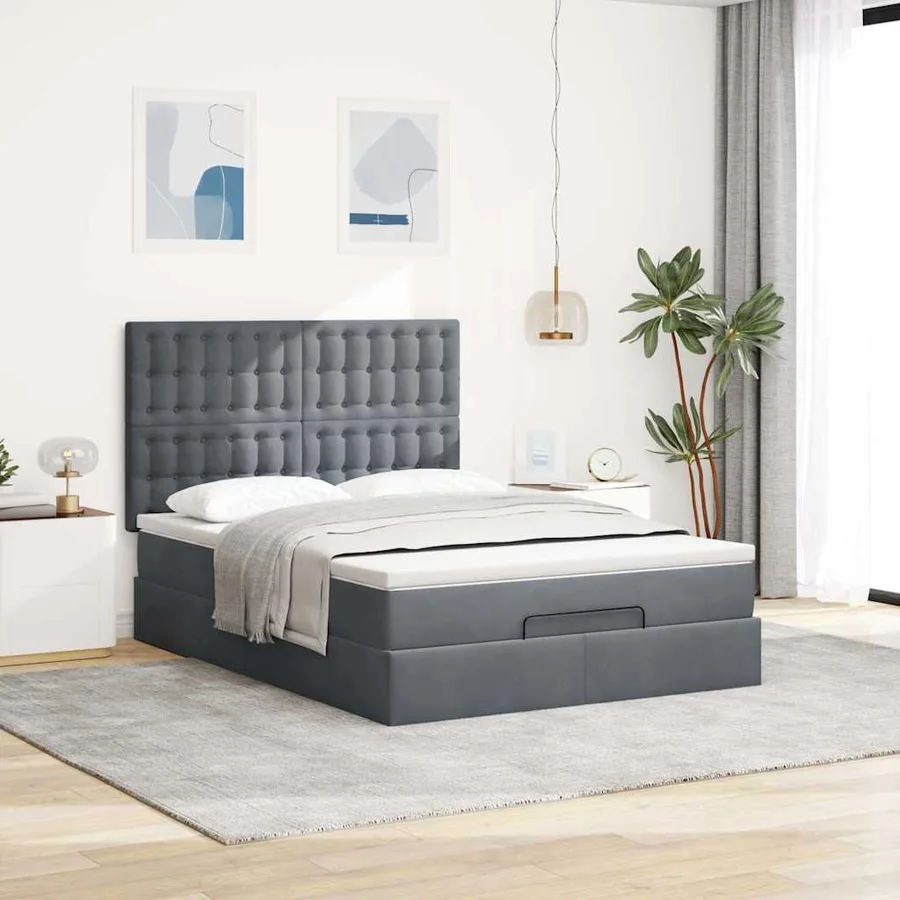 Cadre de lit ottoman avec matelas gris foncé 140x200 cm velours - 4