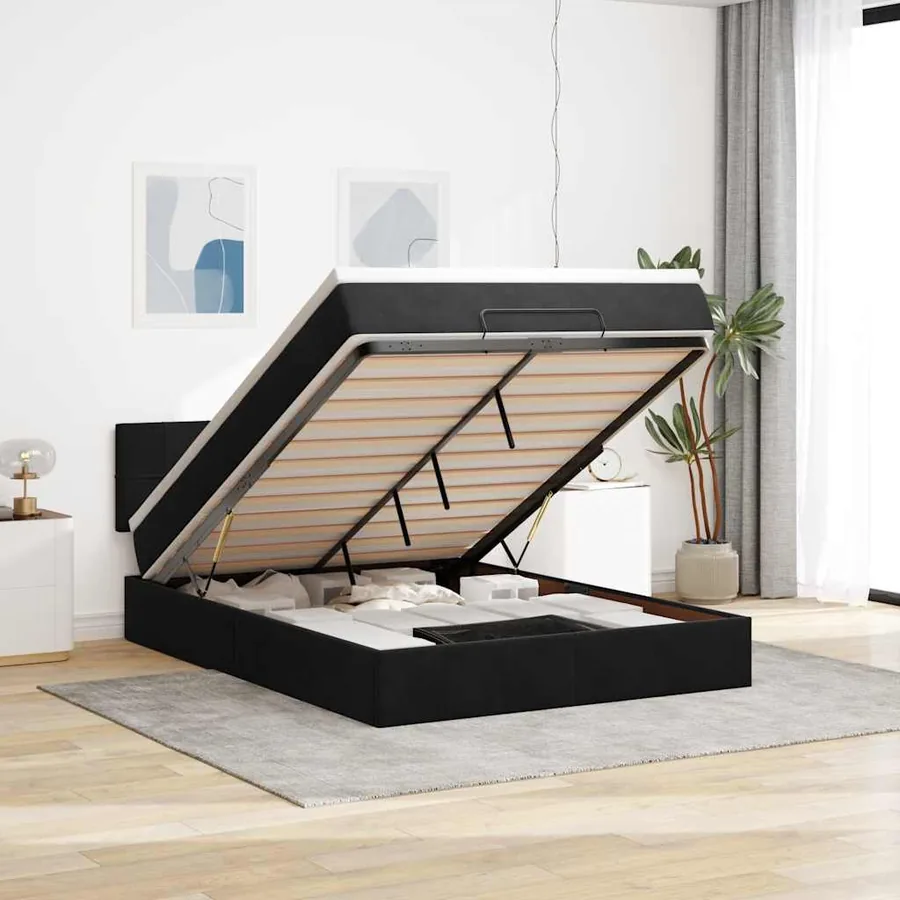 Cadre de lit ottoman avec matelas noir 140x200 cm velours