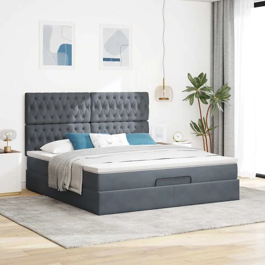 Cadre de lit ottoman avec matelas gris foncé 160x200cm velours - 4